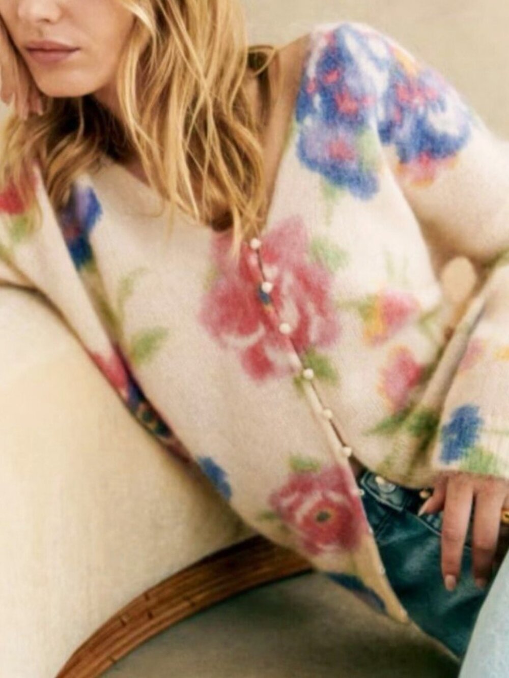 Like New Sezane Teresa Mohair Wool Floral Cardigan Ecru Pink Large
